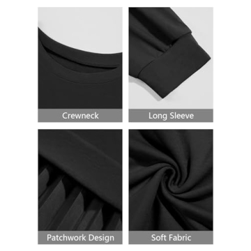 Wenrine Womens Sweatshirt Dress Casual Patchwork Long Sleeve Crewneck Pleated Fall Maxi Dresses Black