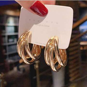 Triple Hoop Earrings For Women, Three Hoop Earrings Gold Triple Circle Thick Chunky Hoop Earrings