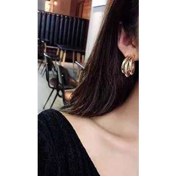 Triple Hoop Earrings For Women, Three Hoop Earrings Gold Triple Circle Thick Chunky Hoop Earrings