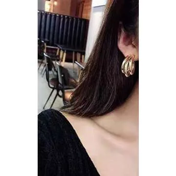 Triple Hoop Earrings For Women, Three Hoop Earrings Gold Triple Circle Thick Chunky Hoop Earrings