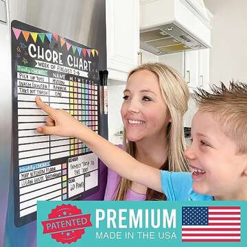 Hadley Designs Magnetic Chore Chart for Kids-12"x17" Reusable Dry Erase Responsibility Chart for Multiple Kids-Weekly Family Organizer with Reward System and Bonus Chore Guide
