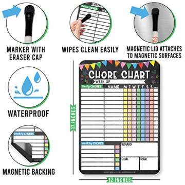 Hadley Designs Magnetic Chore Chart for Kids-12"x17" Reusable Dry Erase Responsibility Chart for Multiple Kids-Weekly Family Organizer with Reward System and Bonus Chore Guide