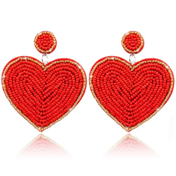 Valentines Day Heart Earrings-Valentine Beaded Drop Earrings Jewelry for Women, Handmade Valentine D...