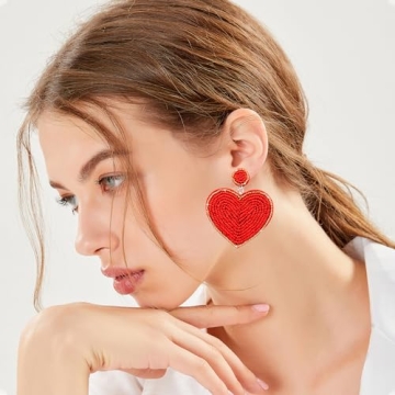 Valentines Day Heart Earrings-Valentine Beaded Drop Earrings Jewelry for Women, Handmade Valentine Day Outfit Accessories and Gifts for Women