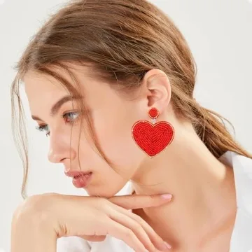 Valentines Day Heart Earrings-Valentine Beaded Drop Earrings Jewelry for Women, Handmade Valentine Day Outfit Accessories and Gifts for Women