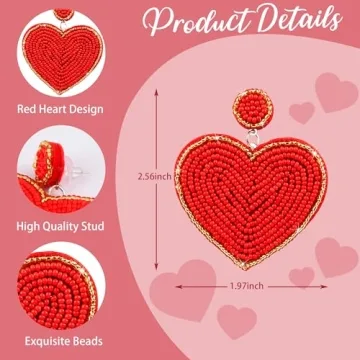 Valentines Day Heart Earrings-Valentine Beaded Drop Earrings Jewelry for Women, Handmade Valentine Day Outfit Accessories and Gifts for Women