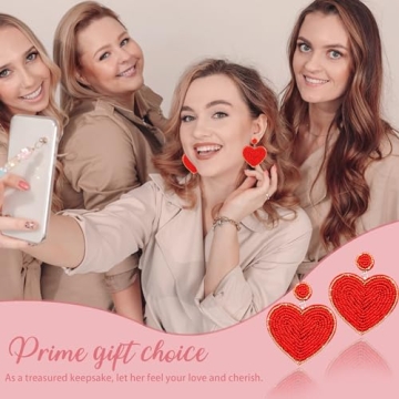 Valentines Day Heart Earrings-Valentine Beaded Drop Earrings Jewelry for Women, Handmade Valentine Day Outfit Accessories and Gifts for Women