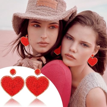 Valentines Day Heart Earrings-Valentine Beaded Drop Earrings Jewelry for Women, Handmade Valentine Day Outfit Accessories and Gifts for Women