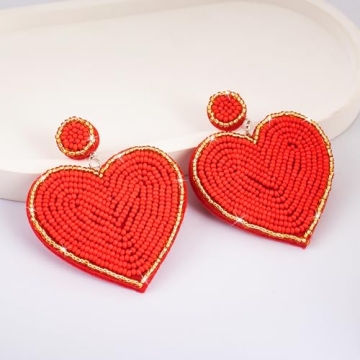 Valentines Day Heart Earrings-Valentine Beaded Drop Earrings Jewelry for Women, Handmade Valentine Day Outfit Accessories and Gifts for Women