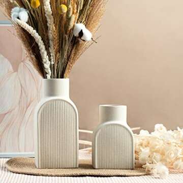 V Viatanst Nordic Ribbed Vase Set of 2, 9" Tall Ceramic Vase and 6" Small Flower Vases Minimalist Modern Decorative for Table Shelf Home Decor, Living Room Kitchen Bedroom Decorative