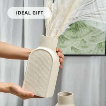 V Viatanst Nordic Ribbed Vase Set of 2, 9" Tall Ceramic Vase and 6" Small Flower Vases Minimalist Modern Decorative for Table Shelf Home Decor, Living Room Kitchen Bedroom Decorative