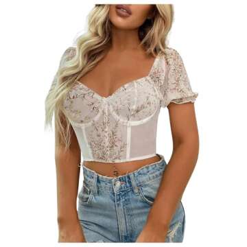 Milumia Women's Floral Lace Puff Sleeve Sweetheart Neck Bustier Corset Crop Top White Small