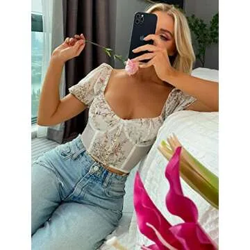 Milumia Women's Floral Lace Puff Sleeve Sweetheart Neck Bustier Corset Crop Top White Small