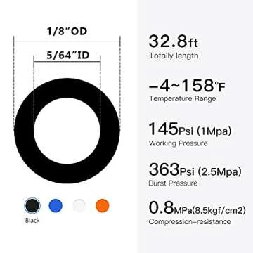 Quickun Pneumatic Tubing 1/8" PU Tube 32.8ft Air Hose for Fluid Transfer