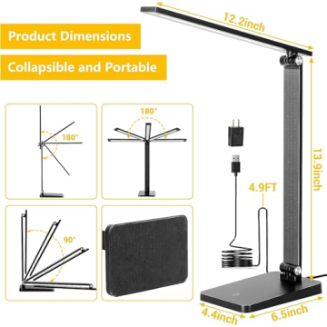 LED Desk Lamp USB Charging 3 Dimmable Levels Eye Protection