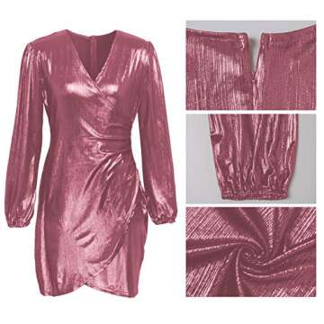 Dresses for Women Party Night Sexy - Long Sleeve Deep V Neck Sparkly Bodycon Ruched Mini Dress Pink