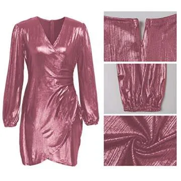 Dresses for Women Party Night Sexy - Long Sleeve Deep V Neck Sparkly Bodycon Ruched Mini Dress Pink