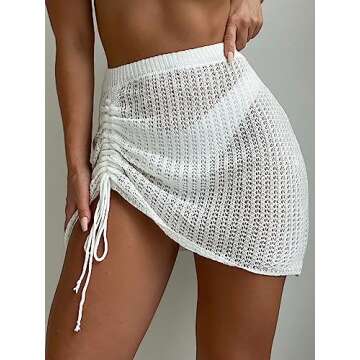 Verdusa Women's Hollow Out Swimwear Drawstring Side Crochet Cover Up Beach Skirt White XS