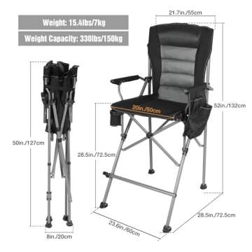 Stonehomy Extra Tall Folding Chairs for Adults 330lbs, Portable Bar Height Foldable Director Chairs for Camping Outside, Comfortable with Makeup Pocket, High Back and Footrest, Black