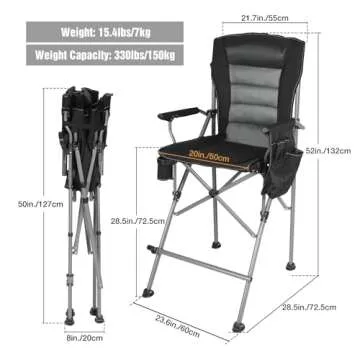 Stonehomy Extra Tall Folding Chairs for Adults 330lbs, Portable Bar Height Foldable Director Chairs for Camping Outside, Comfortable with Makeup Pocket, High Back and Footrest, Black