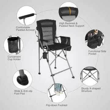 Stonehomy Extra Tall Folding Chairs for Adults 330lbs, Portable Bar Height Foldable Director Chairs for Camping Outside, Comfortable with Makeup Pocket, High Back and Footrest, Black