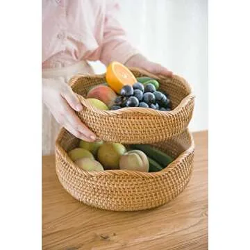HITOMEN Handmade Rattan Bread Baskets Round Wicker Fruit Serving Storage Bowls, Natural Woven Decorative Kitchen Counter Organizing (Honey Brown) Set of 3