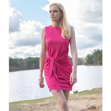 BTFBM Women's 2025 Summer T Shirt Dress Casual Sleeveless Wrap Bodycon Ruched T Shirt Spring Dress Tie Waist Mini Dresses(Sleeveless Rose Red, Small)