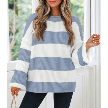 ZESICA Fall 2024 Striped Oversized Sweater, Blue