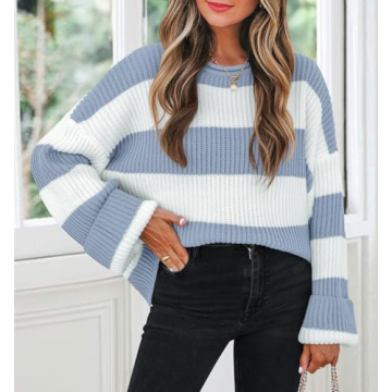 ZESICA Fall 2024 Striped Oversized Sweater, Blue