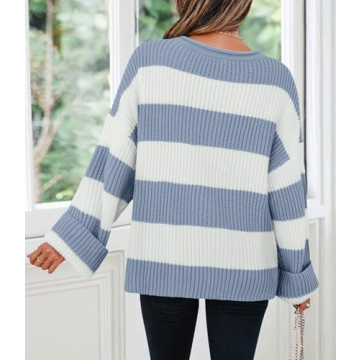 ZESICA Fall 2024 Striped Oversized Sweater, Blue