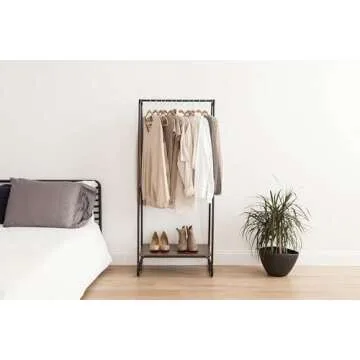 IRIS USA Clothes Rack for Hanging Clothes with Bottom Wood Shelf, Freestanding Clothing Rack, Easy to Assemble Garment Rack, Metal, Sturdy Design, Multipurpose, Small Space Storage Solution, Black