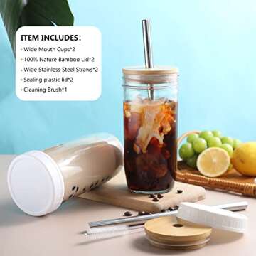 NETANY Glass Cups Set - 24oz Mason Jar Drinking Glasses w Bamboo Lids & Straws & 2 Airtight Lids - C...