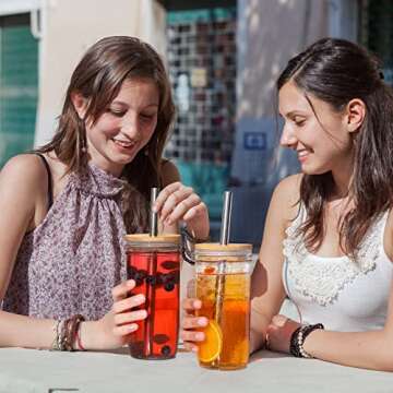 NETANY Glass Cups Set - 24oz Mason Jar Drinking Glasses w Bamboo Lids & Straws & 2 Airtight Lids - Cute Reusable Bottle, Iced Coffee Glasses, Travel Tumbler for Bubble Tea, smoothie, Juice - 2 Pack