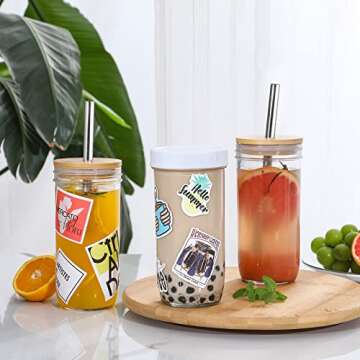 NETANY Glass Cups Set - 24oz Mason Jar Drinking Glasses w Bamboo Lids & Straws & 2 Airtight Lids - Cute Reusable Bottle, Iced Coffee Glasses, Travel Tumbler for Bubble Tea, smoothie, Juice - 2 Pack