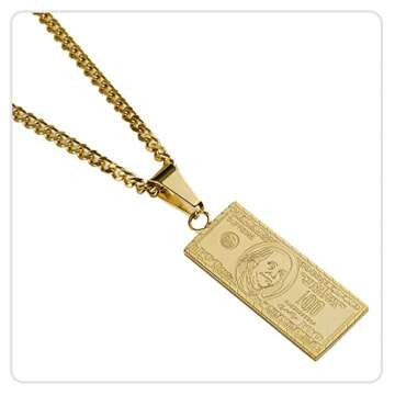 Nsitbbuery Hip Hop Stainless Steel Dollar Bill Tag Pendant Necklace(Gold)