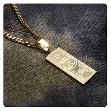 Nsitbbuery Hip Hop Stainless Steel Dollar Bill Tag Pendant Necklace(Gold)