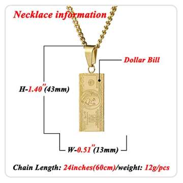 Nsitbbuery Hip Hop Stainless Steel Dollar Bill Tag Pendant Necklace(Gold)