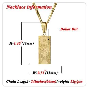 Nsitbbuery Hip Hop Stainless Steel Dollar Bill Tag Pendant Necklace(Gold)