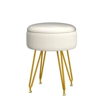 Velvet Vanity Stool with Storage, Round Upholstered Ottoman with Removable Cover & 4 Adjustable Golden Legs, Modern Multifunctional Footstool for Living Room, Bedroom, Dressing Room, Beige