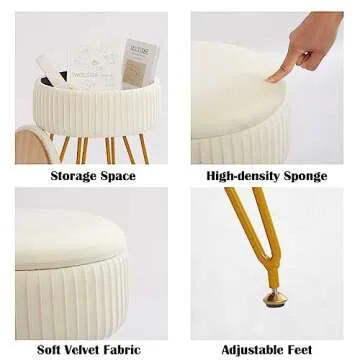 Velvet Vanity Stool with Storage, Round Upholstered Ottoman with Removable Cover & 4 Adjustable Golden Legs, Modern Multifunctional Footstool for Living Room, Bedroom, Dressing Room, Beige