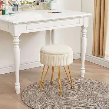 Velvet Vanity Stool with Storage, Round Upholstered Ottoman with Removable Cover & 4 Adjustable Golden Legs, Modern Multifunctional Footstool for Living Room, Bedroom, Dressing Room, Beige