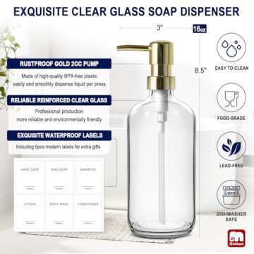 GMISUN Gold Soap Dispenser, 2 Pack Clear Glass Soap Dispenser with Rustproof Golden Pump, 16 Oz Clea...