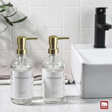 GMISUN Gold Soap Dispenser, 2 Pack Clear Glass Soap Dispenser with Rustproof Golden Pump, 16 Oz Clear Bathroom Hand Soap Dispenser, Refillable Kitchen Hand and Dish Soap Dispensers Set, Liquid Bottles