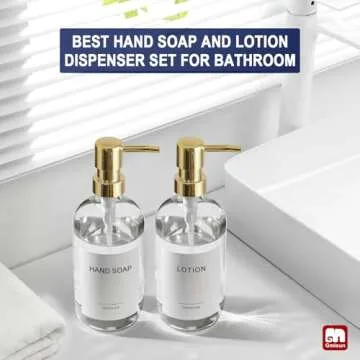 GMISUN Gold Soap Dispenser, 2 Pack Clear Glass Soap Dispenser with Rustproof Golden Pump, 16 Oz Clear Bathroom Hand Soap Dispenser, Refillable Kitchen Hand and Dish Soap Dispensers Set, Liquid Bottles