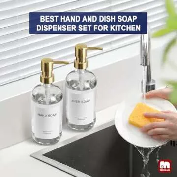 GMISUN Gold Soap Dispenser, 2 Pack Clear Glass Soap Dispenser with Rustproof Golden Pump, 16 Oz Clear Bathroom Hand Soap Dispenser, Refillable Kitchen Hand and Dish Soap Dispensers Set, Liquid Bottles