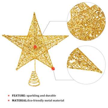 Christmas Tree Topper, Soqool Glittered Gold Hallow Star Tree Topper for Mas Tree Decorations/Holiday Party Home Indoor Decororations/Bar Shop Office (10, Gold)