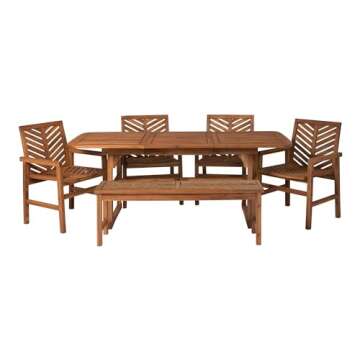 Walker Edison 7 Person Outdoor Wood Chevron Patio Furniture Dining Set Extendable Table Chairs Bench...
