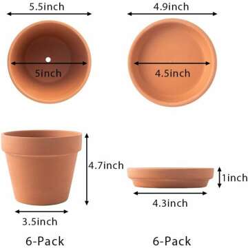 6 Pack Large Terracotta Pots with Drainage Hole