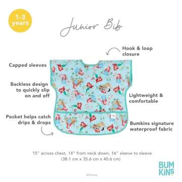 Bumkins Disney Short Sleeve Bib for Girl or Boy, Toddler and Kids for 1-3 Years, Large Size, Essential Must Have for Junior Children, Eating, Mess Saving Soft Fabric Apron for Play, Ariel