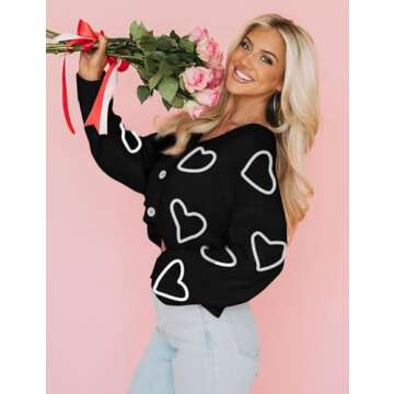 Wyeysyt Valentine Heart Sweater Cardigan for Women Cropped Knit Sweater Cute Button Down V Neck Cardigan(Black-S)